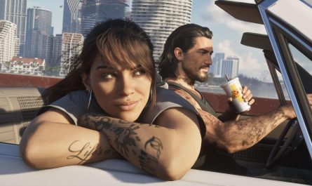 Jason y Lucia en un vehículo en Vice City, escena del tráiler oficial de lanzamiento de Grand Theft Auto VI.