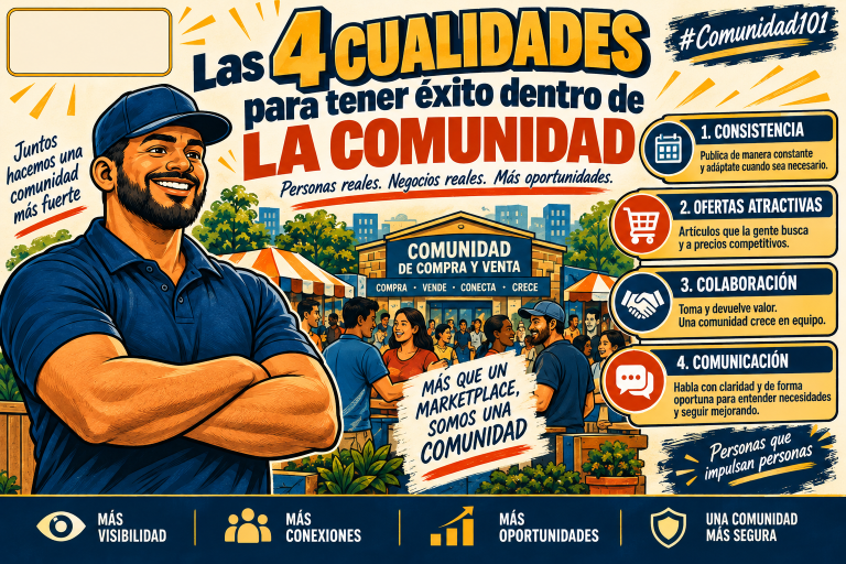 Ilustración con cuatro cualidades para una comunidad exitosa: consistencia, ofertas atractivas, colaboración y comunicación.