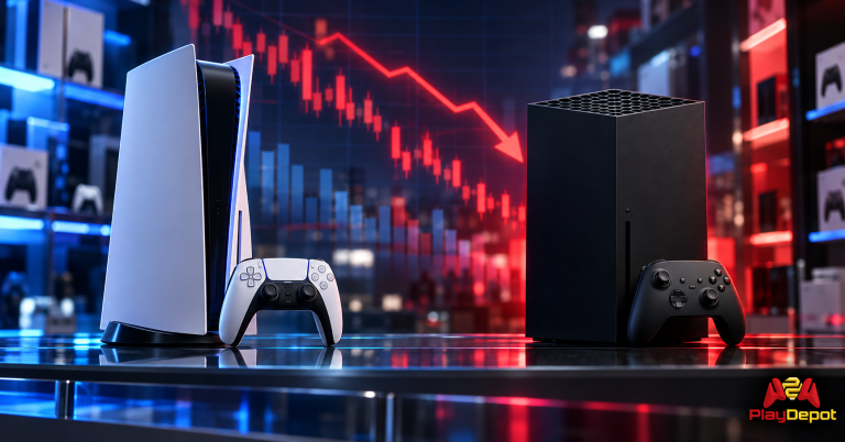 PlayStation y Xbox frente a una gráfica descendente sobre las ventas de consolas en 2026