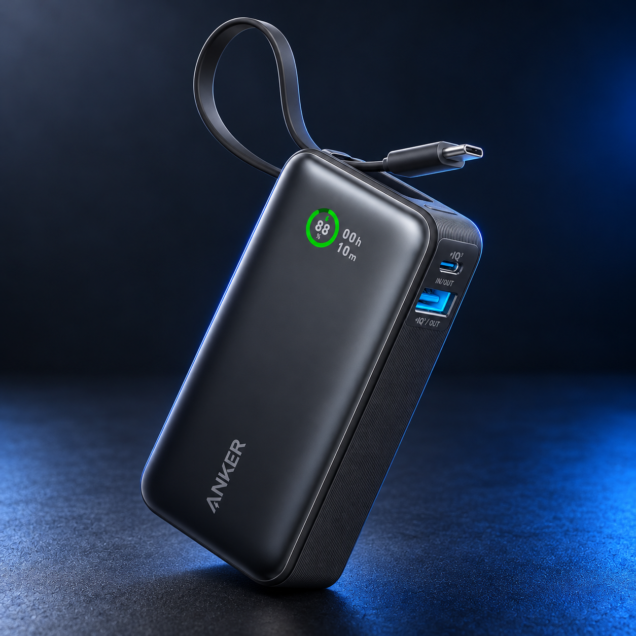 Anker Nano Power Bank 10000mAh, 30W, Built-in USB-C Cable - Pure Black