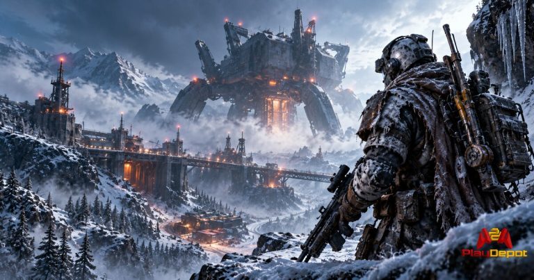 Raider en un paso montañoso nevado frente a una gran máquina en ARC Raiders Frozen Trail